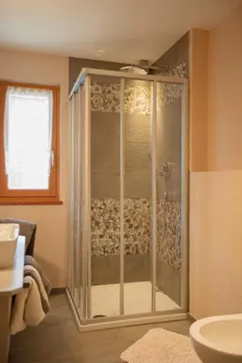 a shower with a glass door in a bathroom at Apartments Resi in Rasùn di Sotto