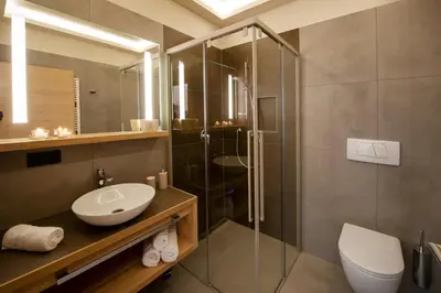a bathroom with a shower and a sink and a toilet at Haus Gregori Modern & Central Stay in Vineyard with Rooftop & Served Breakfast in Caldaro