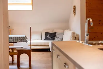 a kitchen and living room with a couch in the background at Cèsa Cianacei Prestige in Canazei