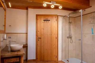 a bathroom with a shower and a sink at Cèsa Cianacei Prestige in Canazei
