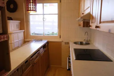 a small kitchen with a sink and a window at Casa Bibi in Campitello di Fassa