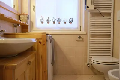 a bathroom with a sink and a toilet and a window at Casa Bibi in Campitello di Fassa