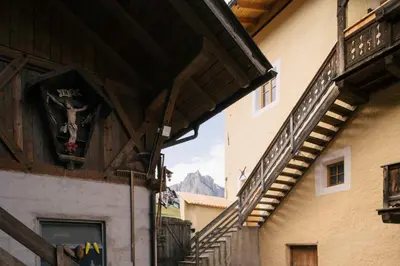 a view from the inside of a building with stairs at Schulmeisterhof in Kastelruth