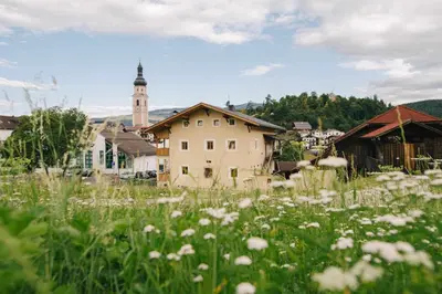 a field of white flowers in front of a building at Schulmeisterhof in Kastelruth