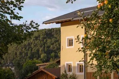 a yellow house with a mountain in the background at Schulmeisterhof in Kastelruth