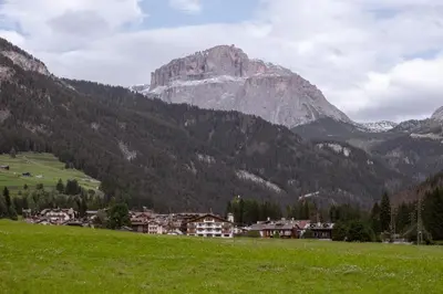 a mountain in the distance with a village in a field at Residence Fontanazzo in Campitello
