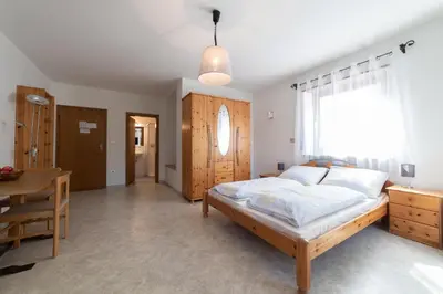 a bedroom with a bed and a desk and a window at Plonhof Ferienwohnungen in Termeno