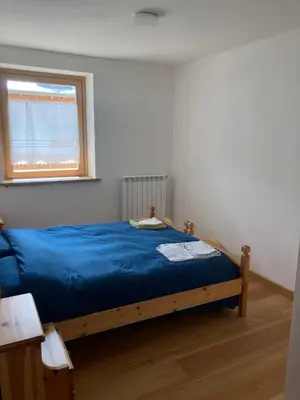 a bedroom with a bed with blue sheets and a window at Climb house Geremia in Selva di Cadore