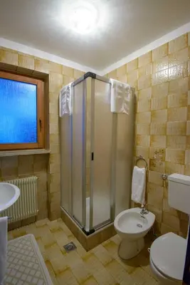 a bathroom with a shower and a toilet and a sink at Appartement Alpenblick in Valdaora