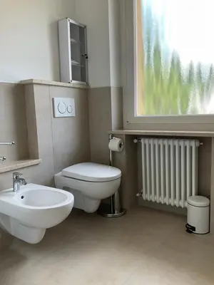 a bathroom with a toilet and a sink and a window at Appartamento Adele in Merano