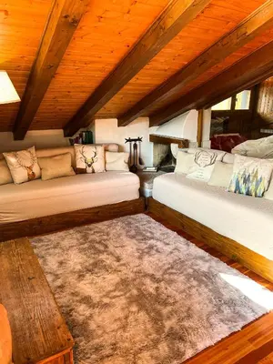 two beds in a room with a wooden ceiling at Chalet vicino le piste da sci in Pocol