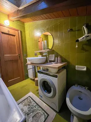 a bathroom with a washing machine and a sink at Chalet vicino le piste da sci in Pocol
