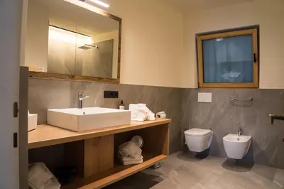a bathroom with a sink and a toilet at Hilburgerhof in Schenna