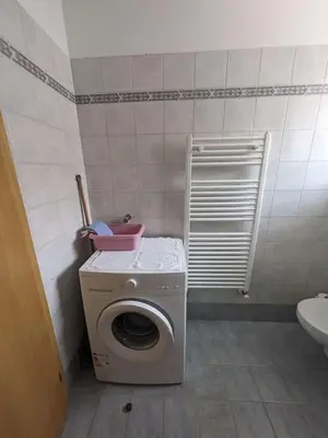 a washing machine in a bathroom with a toilet at Comodità in centro a Tesero in Tesero