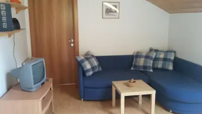 a living room with a blue couch and a tv at Roanerhof in San Genesio Atesino