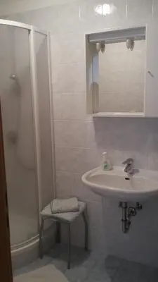 a bathroom with a sink and a shower at Roanerhof in San Genesio Atesino