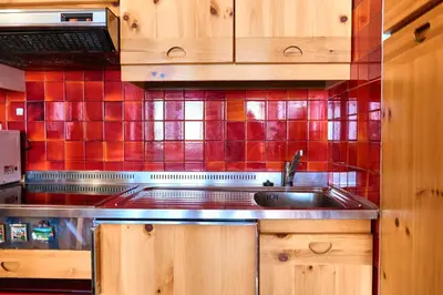 a kitchen with a sink and a red tiled wall at Villa Antermont in Canazei