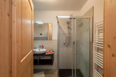 a bathroom with a shower and a sink at B&B Casa Nadia in Tesero