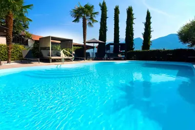 a large swimming pool with palm trees and a house at Residence Untermösslhof - La Villa in Lana
