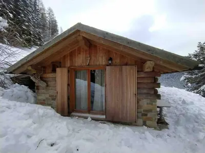 a log cabin with a window in the snow at LA VOCE DEL BOSCO Selva di Cadore in Selva di Cadore
