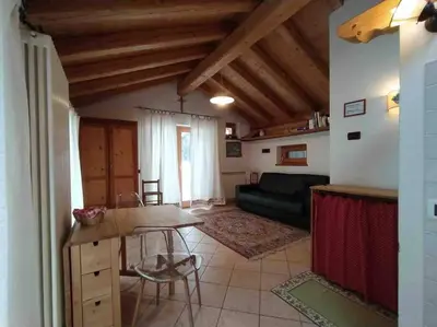 a living room with a table and a couch at LA VOCE DEL BOSCO Selva di Cadore in Selva di Cadore