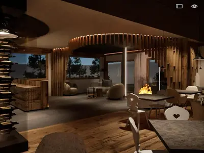 a living room with a table and chairs and a fireplace at Dolomites Room and Breakfast Formiè in Vigo di Fassa