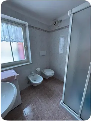 a bathroom with a shower and a toilet and a sink at Appartamento Villa Lucia in Moena