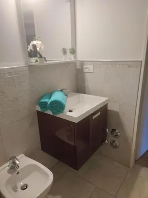 a bathroom with a white sink and a toilet at Lovely Apartment with pool and garden in Marlengo