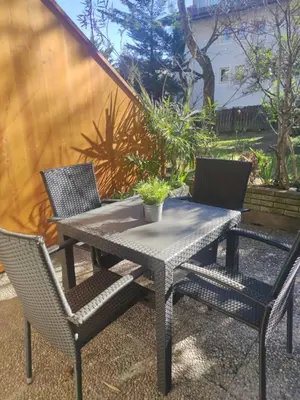 a patio table and chairs with a potted plant on it at Lovely Apartment with pool and garden in Marlengo