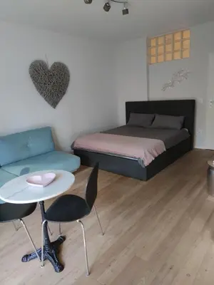 a bedroom with a bed and a table and a couch at Lovely Apartment with pool and garden in Marlengo