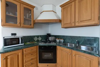 a kitchen with wooden cabinets and a sink and a microwave at Dolomites Apartment Finestra sul Civetta in Alleghe