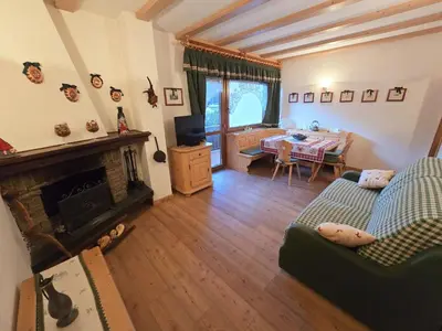 a living room with a couch and a fireplace at Sogno sulle Dolomiti - Alpine Stay Apartments in Moena