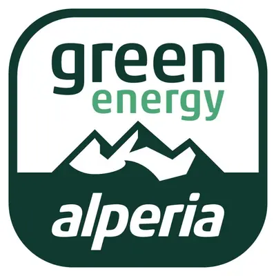 a green energy logo with mountains in the background at Kleine Wohnung, großer Garten! in Merano