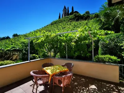 a patio with a table and an umbrella at Ferienhof Franzelin in Termeno