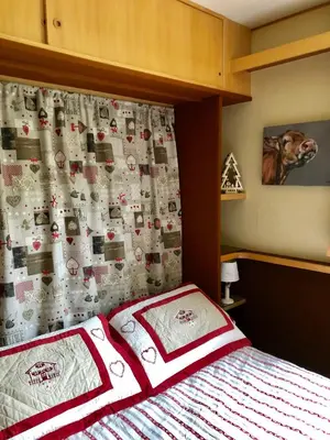 a bedroom with a bed and a curtain with a dog on it at Camera Alpe di Siusi in Alpe di Siusi