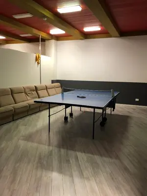 a ping pong table in a room with a couch at Camera Alpe di Siusi in Alpe di Siusi