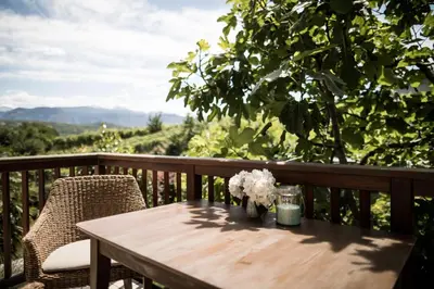 a wooden table with a vase of flowers on a deck at Weingut Weidlhof - Suite & Breakfast - Vacation for wine lovers in Caldaro