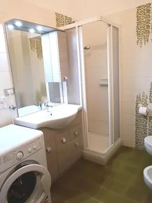 a bathroom with a sink and a washing machine at Appartamento 2 Residenza RODODENDRO in Campitello