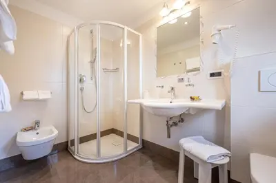 a bathroom with a shower and a sink and a toilet at Garni Crepaz in Selva di Val Gardena