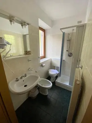 a bathroom with a sink and a toilet and a shower at TEA San Pellegrino - DOLOMITI in Falcade