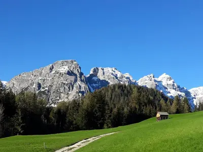 a snow covered mountain range with trees and houses at Apartment - Alpin Chalet Frenademetz in San Martino in Badia