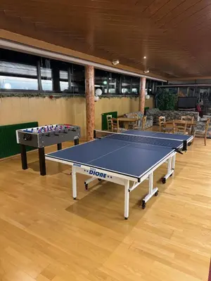 a ping pong table in a room with a table at Casa Serenity in Falcade