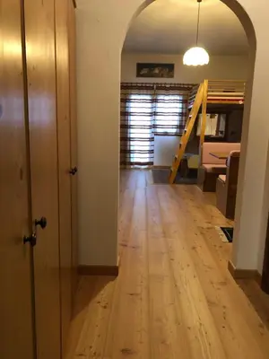 an open hallway leading to a living room with a wooden floor at Casa Serenity in Falcade
