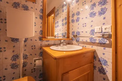 a bathroom with a sink and a mirror at GuestHost - Silent Peaks - Cortina's Wooden Haven in Cortina dʼAmpezzo