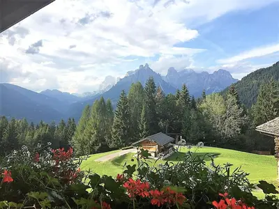 a view of a green field with mountains in the background at Baita Mountain View Pale San Martino in Fiera di Primiero
