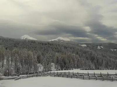 a fence on a snow covered hill with trees and mountains at Appartamento Casa AleF - L'affaccio sul Lagorai in Daiano