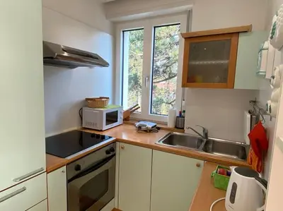 a small kitchen with a sink and a microwave at Thermae Apartment in Merano