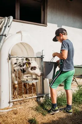 a young boy is standing next to a cow at Großkarnaiderhof Ferienwohnungen-Bauernhof-Dolomiten-Natur Pur in Luson