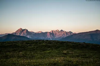 a view of a mountain range with a field of flowers at Großkarnaiderhof Ferienwohnungen-Bauernhof-Dolomiten-Natur Pur in Luson