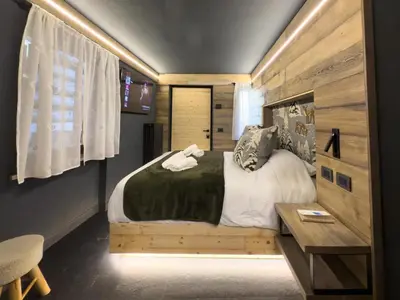 a bedroom with a bed and a wooden wall at Duo Charme in Moena